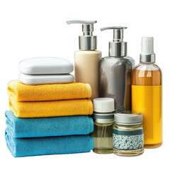 Home spa essentials with bottles, soaps, and towels isolated on transparent background png