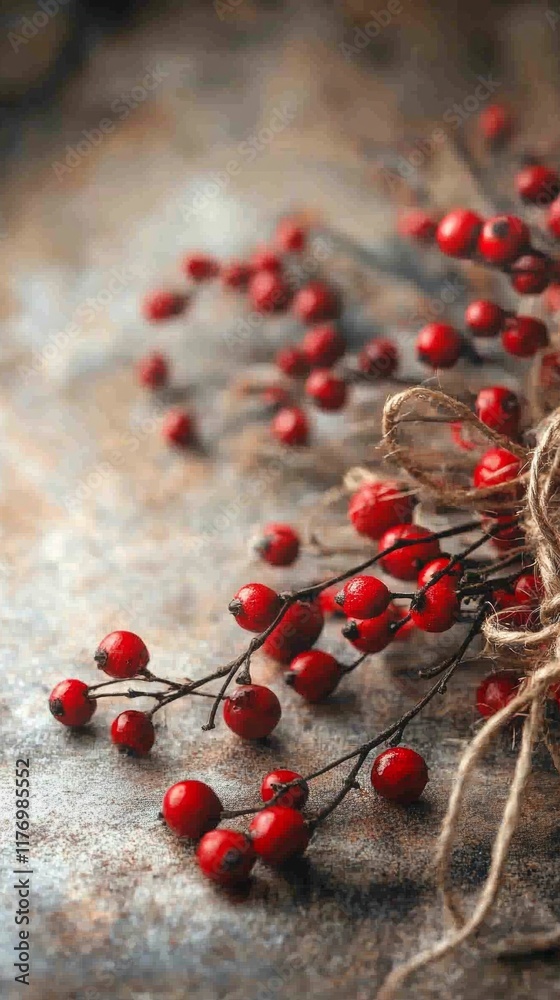 Poster rustic holiday charm red berries and twine on weathered surface
