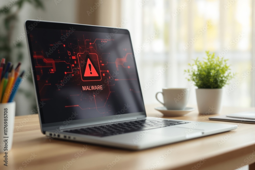 Poster laptop screen showing malware warning in a bright office setting.