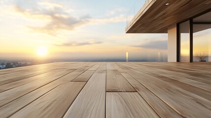Beautiful sunset view from a modern wooden deck overlooking a scenic landscape