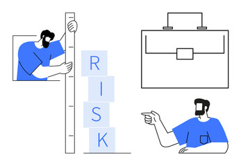 Character measuring risk blocks with a ruler, another character pointing, briefcase icon. Ideal for risk management, business decisions, financial strategies, planning, analysis, consulting abstract