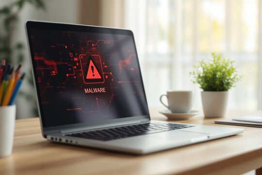 Laptop screen showing malware warning in a bright office setting. - Powered by Adobe