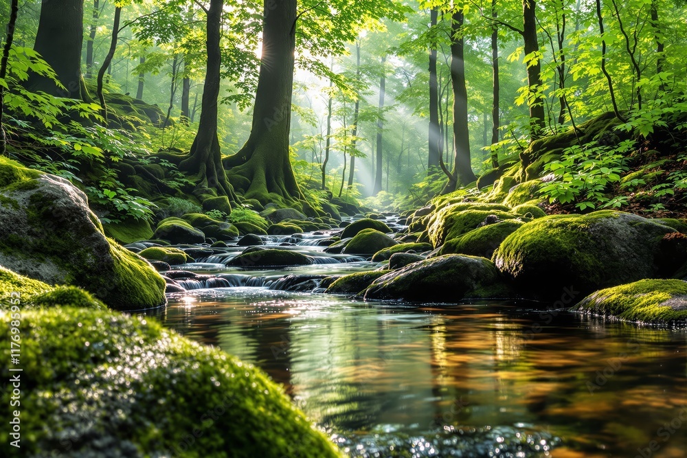 Poster Lush green forest with sunlight streaming through trees and moss-covered rocks along a tranquil stream.