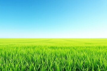 Vibrant green grass field under a clear blue sky background with sunlight.