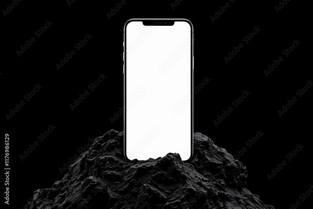 Poster smartphone mockup with blank screen on black rocky surface and dark background.