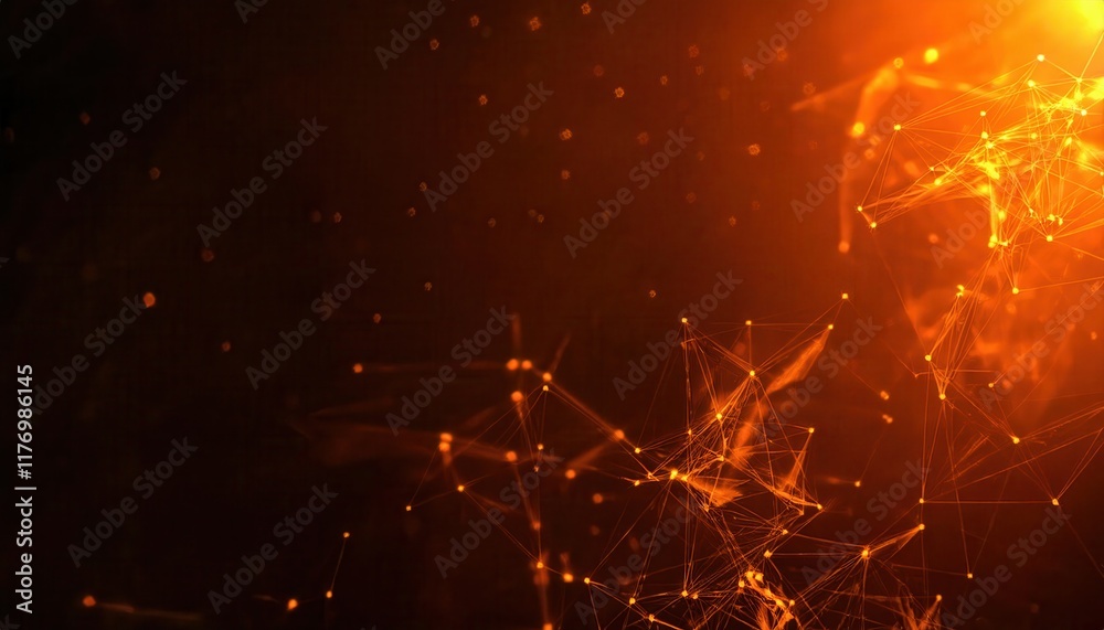 Poster Fiery Abstract Network Design with Glowing Geometric Nodes and Orange Connections for Futuristic Data Visualization Concepts