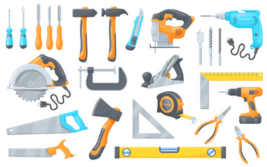 Cartoon woodworking tools. Carpentry workshop instruments set, diy home working or carpenter shop woodwork hardware hammer drill saw chisel axe screwdriver neat vector illustration
