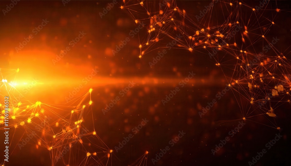 Poster Fiery Abstract Network Design with Glowing Geometric Nodes and Orange Connections for Futuristic Data Visualization Concepts