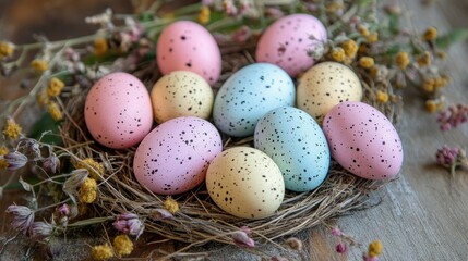 Obraz premium A nest filled with speckled Easter eggs placed on a rustic wooden table adorned with dried flowers