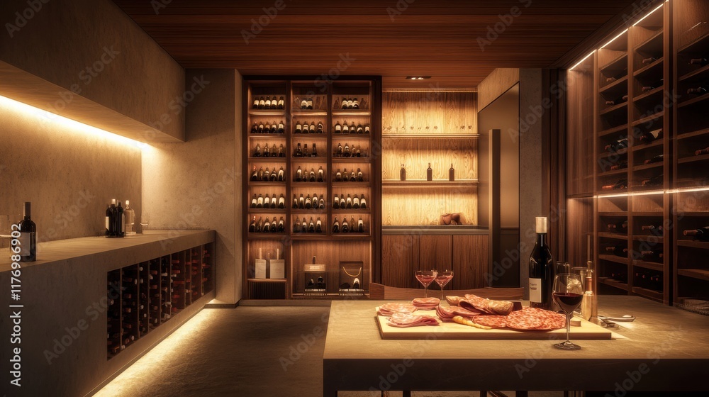 Poster elegant wine cellar with vintage bottles and a tasting table featuring red wine and charcuterie. gen