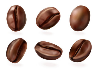 Realistic coffee beans. 3d caffeine bean arabic seed brown aroma grain, morning energy drink ingredient brazilian roast grains isolated seeds for cafe, exact vector illustration
