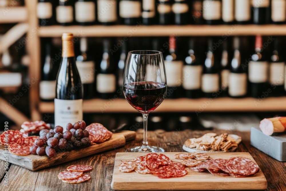 Poster elegant wine cellar featuring vintage bottles and a charcuterie board with red wine ready for tastin