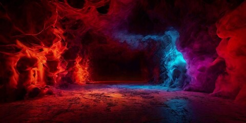 Fototapeta premium A dark cave with red and blue smoke