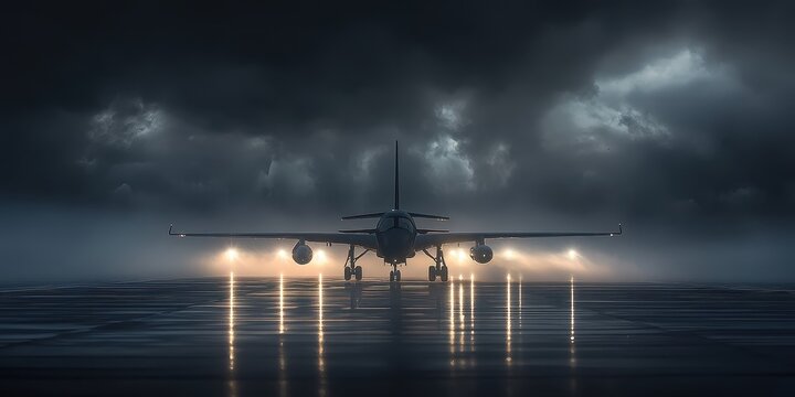 A military fighter jet on a wet runway under a dramatic cloudy sky.