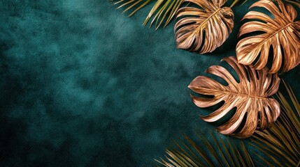 Gold tropical leaves on dark green background.