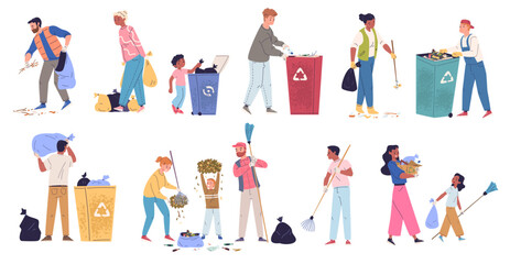 People collect garbage. Family sorting trash, cleanup litter volunteer help cleaning city park or beach, pick recycle or plastic waste in rubbish can set classy vector illustration