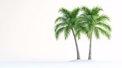 Obraz premium Two tropical palm trees stand on a small patch of sand against a light background
