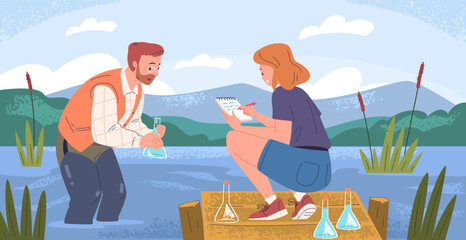 River water examination. Scientists ecologists collect water samples, hydrologist check quality toxic analysis control research polluted pond dirty ocean classy vector illustration