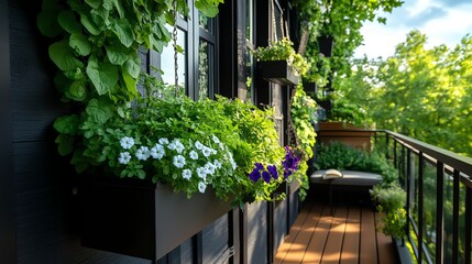 Balcony garden with hanging baskets of petunias, ivycovered trellises, and a small reading nook