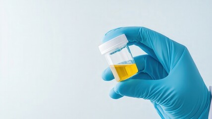 A hand in a blue glove holding a urine sample in a container.