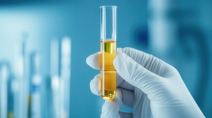 Test tube with urine sample held in a gloved hand in a lab setting.