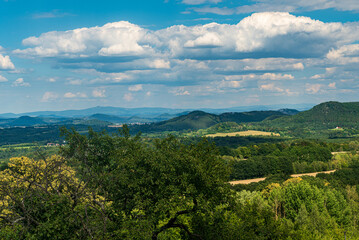 Fototapeta premium Beautiful view to Jested and Jizerske hory mountains from Nedvezi hill near Duba town in Czech republic
