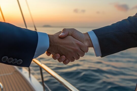 Two businessmen shaking hands on a yacht, with the ocean and sunset in the background.