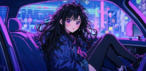 Lofi Anime Girl in City Nightscape, a serene animated scene featuring an anime girl in city, immersed in calming lofi hip hop music, surrounded by vibrant city lights.