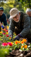 Elderly Volunteers Planting Flowers in City Park Community Teamwork and Environmental Care