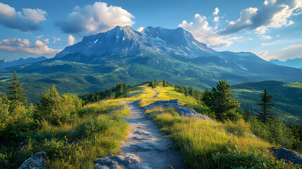 Photography of Mount Yamnuska as seen from a nearby ridge, with a winding trail leading the eye toward the iconic peak and a wide-open expanse of wilderness in the distance.