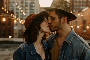 A couple kissing against a sunset backdrop, with warm lighting and a romantic atmosphere. 