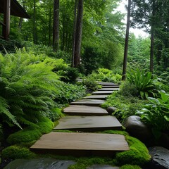 Forestthemed garden with tall ferns, mossy stones, and a whimsical wooden pathway