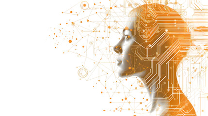 Human head connect to artificial intelligence brain with circuit line isolated on a transparent background