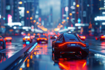 A futuristic cityscape with autonomous vehicles navigating the streets