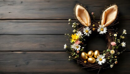 Easter bunny ears and golden eggs arranged on a rustic wooden background, celebrating the joy of Easter Day