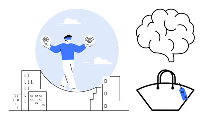 Person balancing lightbulb and handshake symbols on building roofs, brain, handbag with tag. Ideal for business strategy, creative thinking, teamwork, innovation, mental health, shopping urban