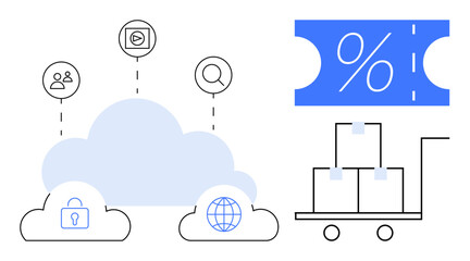 Cloud connected to various symbols, including user network, media, search, and security. E-commerce elements thumbs up a discount coupon and cart with boxes. Ideal for technology, digital security