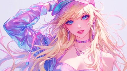 Futuristic Hip-Hop Steampunk Blonde Girl, an anime illustration featuring a striking blonde character dressed in unique steampunk attire with vibrant colors and dynamic pose.