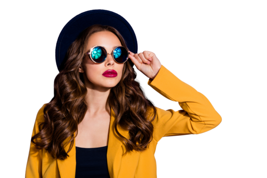 Closeup photo of amazing fashionable lady wear stylish hat yellow costume isolated purple background