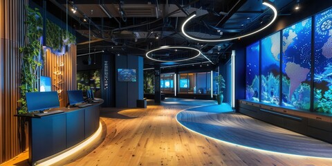 A modern reception area featuring aquariums, sleek design, and ambient lighting.