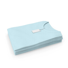 stack of light blue folded t-shirt mockup with label isolated on white background
