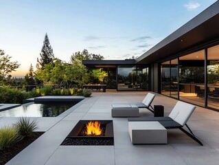 Fototapeta premium Modern garden with sleek concrete planters, an infinity water feature, and a minimalist fire pit