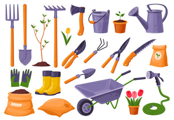 Cartoon garden instruments. Gardening tools, gardener spring farm equipment shovel rake spade seeds plants wheelbarrow cart hose, cartoon agriculture set tidy vector illustration