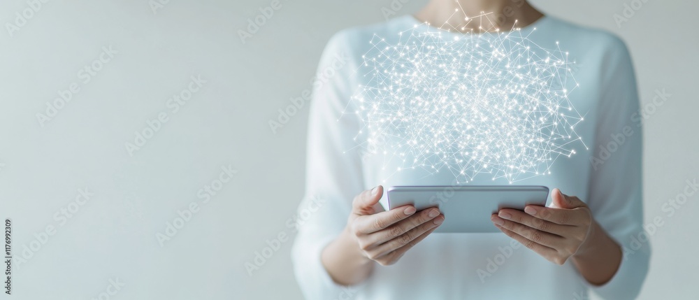 Aufkleber Female User with Digital Tablet Showcasing Innovative Online Social Support App Interface in Minimalist Setting