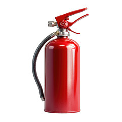 Fire extinguisher in bright red color with metal nozzle and hose isolated on transparent background png