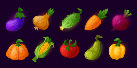 Game farm vegetables. Farming harvest food cartoon ui asset icon, garden agriculture local products tomato pumpkin corn farmer harvesting mobile gaming set tidy vector illustration