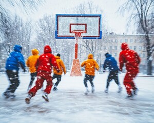 Dynamic Winter Street Basketball Excitement and Energy on the Snowy Court