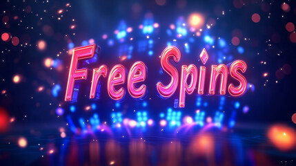 Glowing "Free Spins" text in vibrant neon colors with dazzling lights and a dynamic background