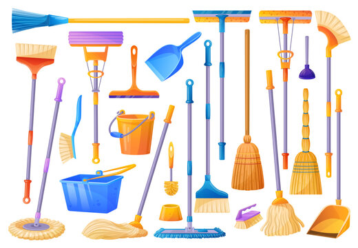 Cartoon broom and mop. Household cleaning tools, broomstick dustpan cleanup brush sweep floor housekeeping equipment plastic bucket scoop brooms duster, tidy vector illustration