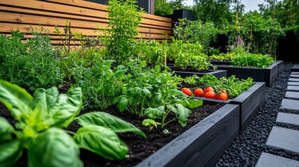 Small backyard with raised planter beds, fresh herbs, and colorful seasonal vegetables